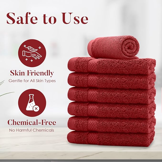 DAN RIVER 12-Pack Premium 100% Cotton Red Face Towels for Bathroom - Reusable Face Wash Cloths for Showering 12x12 Inches - 550 GSM Super Soft & Absorbent Luxury WashCloths for Body, Spa & Gym