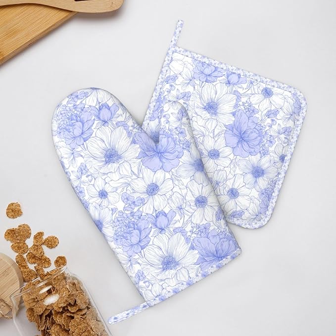 Oven Mitts and Pot Holders Pastel Blue Flower Vintage Silicone Kitchen Accessories Set of 2 Heat Resistant Long Gloves Potholder Non-Slip Grip for Chef Cooking,Baking,Grilling,BBQ