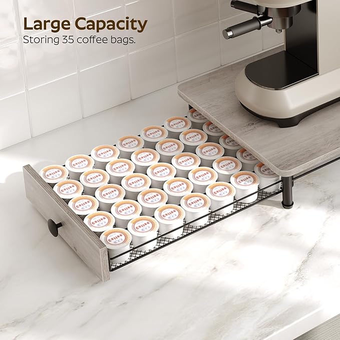 YATINEY Coffee Pod Drawer Holder, Coffee Pod Storage for K Cup, 35 Capacity Coffee Capsules Storage Organizer, Sliding Mesh Basket, for Kitchen, Greige and Black KH08BG