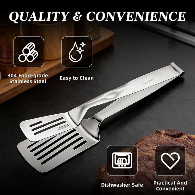 Durable 304 Stainless Steel Spatula Tongs, Rust-Proof 2-in-1 Cooking Tongs for High Heat, Solid One-Piece Design Food Turner, Professional Kitchen Essential