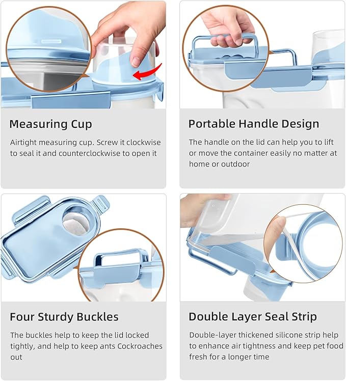 LEAWALK Airtight Small Cat Dog Pet Food Storage Containers BPA Free, with Large Pour Spout/1 Measuring Cup/ 4 Safety Locks and Double-layer Silicone Strip (Elegant Blue, 5L-1pack)