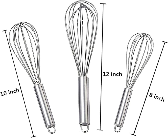 Stainless Steel Whisk, Whisk Set with Measuring Spoon and 8"+10"+12" Wire Whisk for Cooking Blending, Beating, Stirring, Baking (5 Pack Silver)