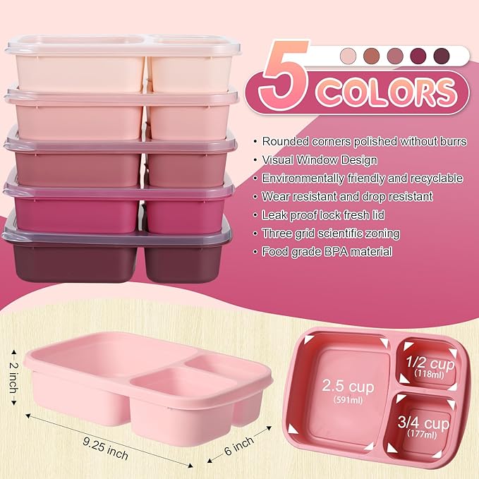 Honeydak 5 Pack Snack Containers 3 Compartment Bento Snack Boxes Divided Meal Prep Containers with Lids Reusable Adults Lunch Food Storage Box for School Work Travel(Rose Purple)