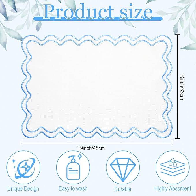 HunnmingRe Set of 6 Cotton Linen Placemats, 13x19 Inch Scalloped Wavy Embroidery Placemat Double Layered Washable Rustic Rectangle Dinner Table Mats for Wedding Home Decor(White with Blue)