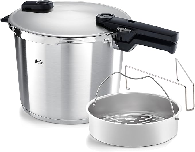 Fissler Vitaquick Premium Pressure Cooker, 10.6 Quart with Steamer Insert and Tripod