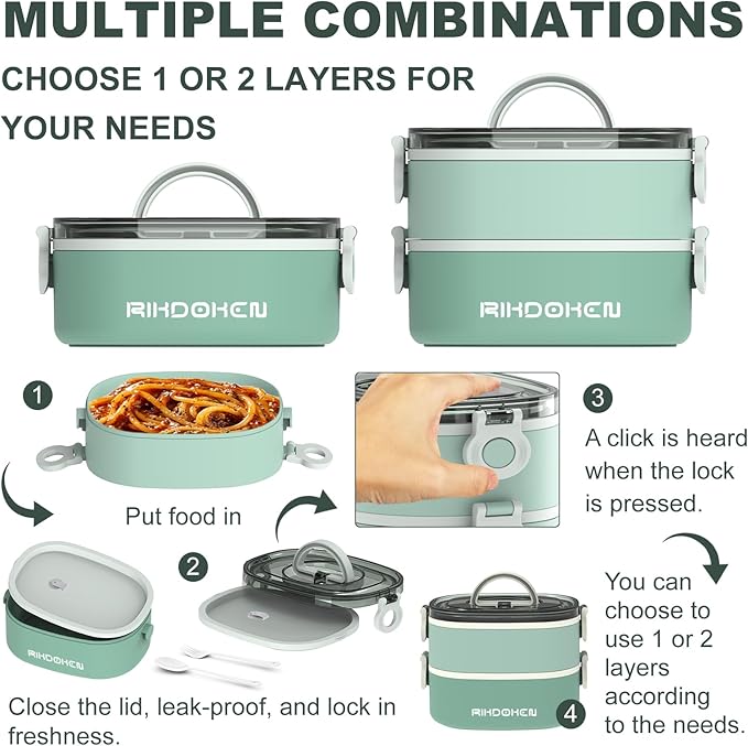 RIKDOKEN Lunch Box, Stackable 2 Layers Containers, Portable 64OZ Large Capacity Leakproof Bento Box with Spoon & Fork & Sauce Boxes, Microwave Safe Lunch Box for Kids and Adults