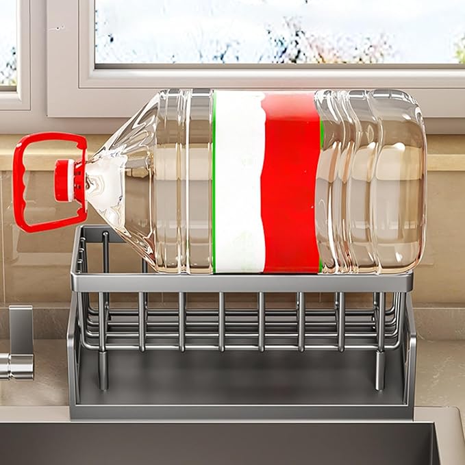 Sponge Kitchen Sink Caddy Organizer Brush Sink Sponge With Auto Draining Tray, Self Drain Dish Soap Caddy, 9.05" Lx4.33 Wx3.93 H (gray)