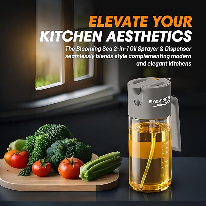 2-in-1 Oil Sprayer and Dispenser – 550ml Glass Olive Oil Bottle with Spray and Pour Modes – BPA-Free, Leakproof, Kitchen Oil Mister for Cooking, Air Fryer, BBQ (Gray)