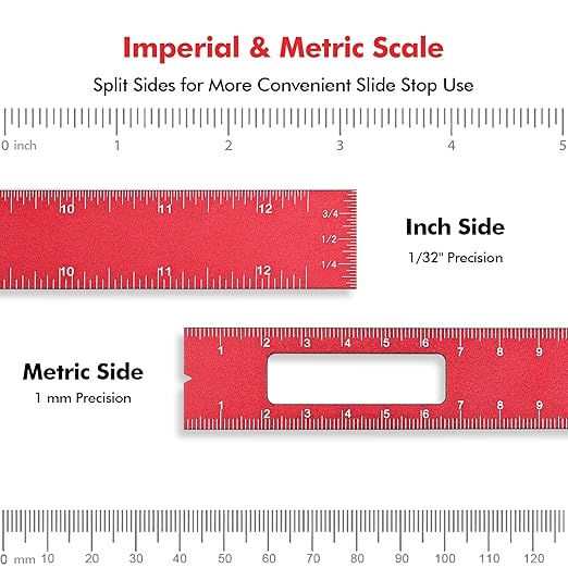 3PCS Woodworking Ruler Set, Precision Pocket Ruler with Adjustable Slide Stop, Aluminum Alloy Measuring Tool for Marking & Scribing, Metal T-Track Square Rulers, Inch and Metric (6", 8", 12")