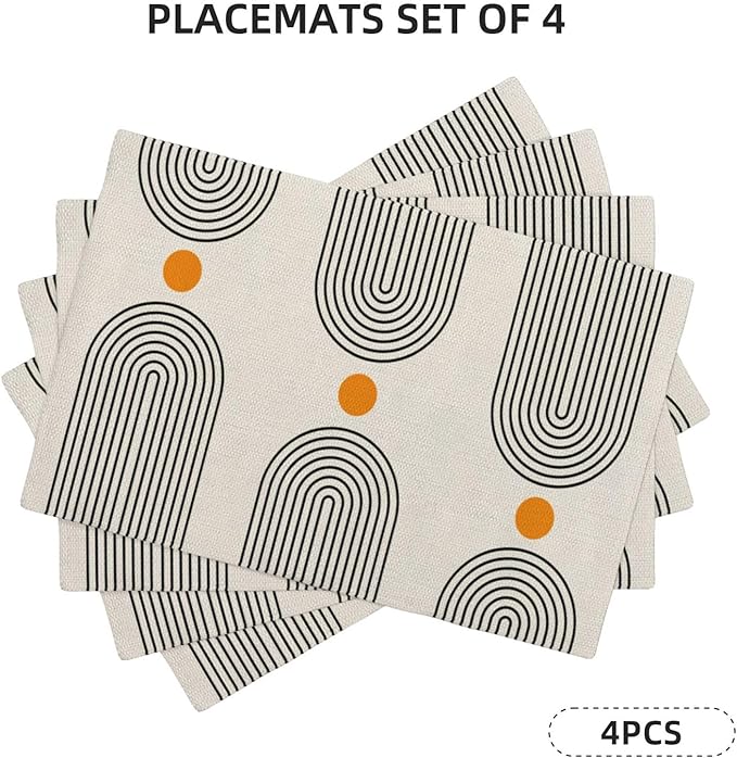 Boho Mid Century Placemats 12x18 Inch Set of 4, Abstract Simple Sun Arch Pattern Table Place Mat Boho Modern Yellow Spot Washable Table Mats Decorative Linen Fabric Table Mat for Dining Table
