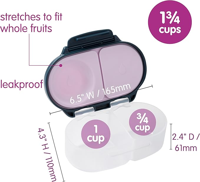 b.box Snack Box - Leakproof Mini Bento Box for Kids & Toddlers, 2 Compartment Snack Containers for Kids, Lunch Containers, Dishwasher Safe, BPA Free, PFAS Free, Ages 4m+, 1 3/4 Cup - Indigo Rose