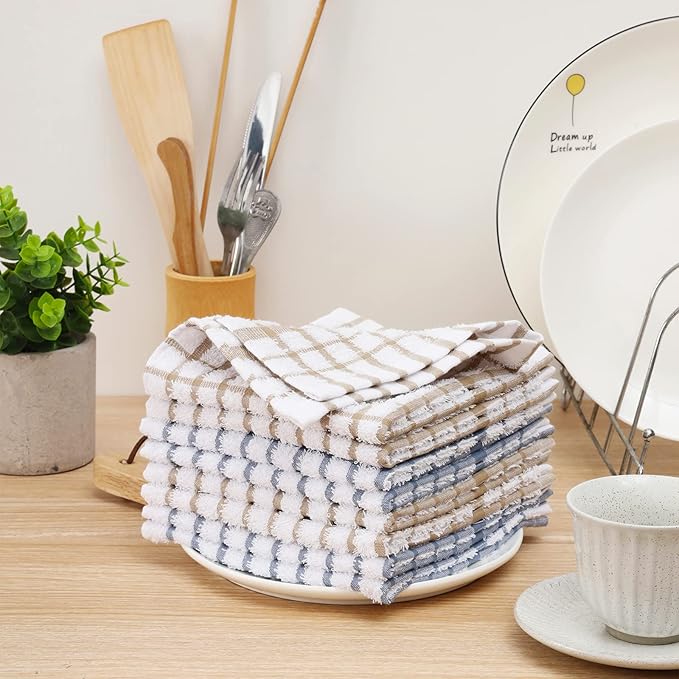 Egles 6 Packs Kitchen Dishcloths 100% Cotton Grid Terry Dish Cloths 12.5" x 12.5" Ultra Soft Super Absorbent Dishrag Reusable Dishcloth Multi-Purpose Quick Drying Hand Dish Towel Set with Hanging Loop