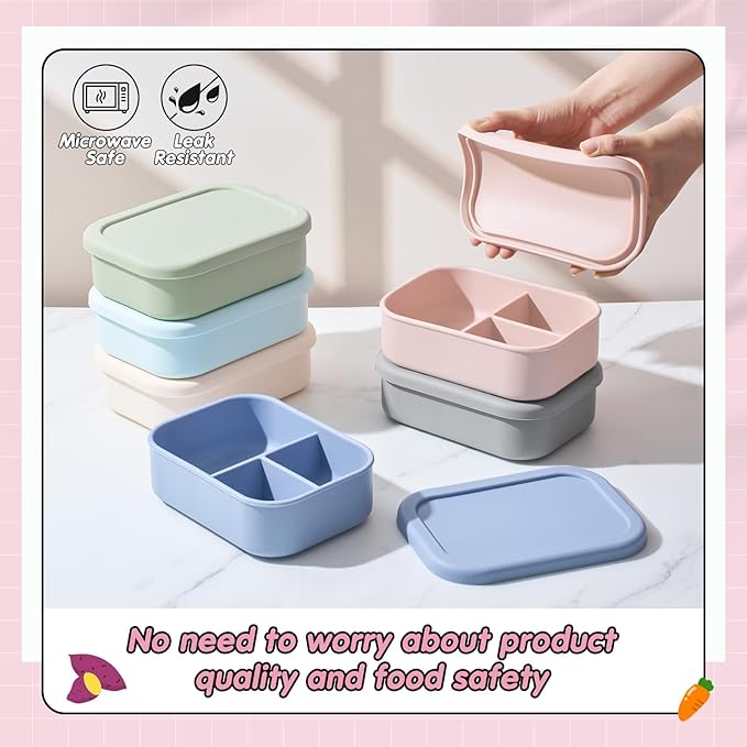 Layhit 6 Pcs Silicone Bento Box for Adults, 27 oz Bento Lunch Container Reusable 3 Compartment Lunchable Food Container for Women Men, Leak Proof Microwave Dishwasher Freezer Safe (Morandi Colors)