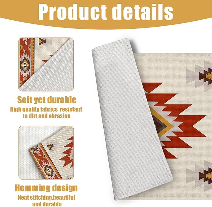 Southwestern Placemats Set of 6, Rusty Red Tribal Geometric Linen Place Mat Washable Stain Resistant Table Mats for Farmhouse Kitchen Dining Decor 12x18 Inch