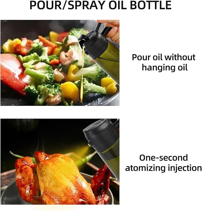 Aovdy Oil Sprayer for Cooking 16oz,2 in 1 Olive Oil Dispenser and Oil Sprayer - 470ml Olive Bottle Spray and Pour - Glass Oil Dispenser for Kitchen Cooking Salad BBQ (2PCS-Light-Proof Black & Green)