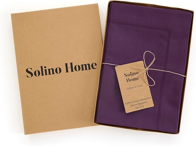 Solino Home Purple Napkins Set of 4 - Cotton Linen Hemstitch Dinner Napkins Cloth 20 x 20 Inch for Mothers Day - Handcrafted and Machine Washable