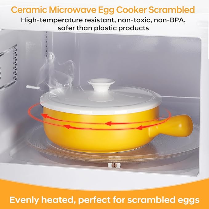 EliteVibe Ceramic Microwave Egg Cooker Scrambled with Lid, BPA-Free Non-Stick Non-Toxic & Heat-Resistant Quick Cooking Egg Maker, Dishwasher Safe, Holds Up to 3 Eggs（Yellow）