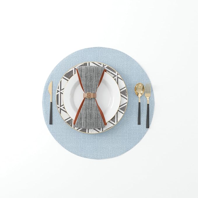 4 Piece Round Placemat 15 Inch Soft Linen eco-Friendly Fabric Handcrafted Machine Washable Indoor & Outdoor Tablemat Light Blue