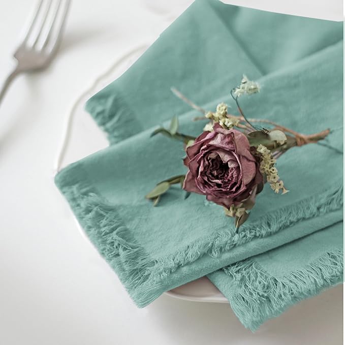 Handmade Cloth Napkins 100% Cotton Napkins with Fringe，Delicate Handmade Cloth Napkins for Dinners, Parties, Weddings and More，18 x 18 Inch Set of 4 - Turquoise