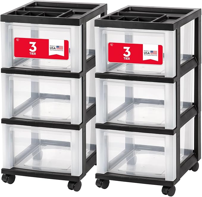 IRIS USA Plastic Drawer Storage Organizer Rolling Cart, 2-Pack, with Wheels Casters, 3-Drawers, for Classroom Art Craft Supplies Dresser Closet Bathroom Laundry Room, Black/Clear