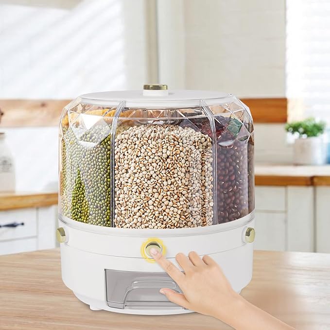 6 Grids Grain Dispenser Can, 360°Rotating Cereal Rice & Grain Storage Container Rotatable Sealed Grain Food Storage Bucket Dry Food Grain Dispenser for Grains Rice Dry Food Beans (13.2Lbs White)