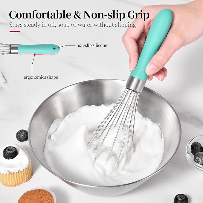 Small Whisk: Stainless Steel 9in Wire Balloon Wisk Kitchen Egg Whisker Heavy Duty Hand Mixer for Cooking Baking Whipping Blending Mixing Stirring Sauce, Flour, chocolate (Aqua Sky)