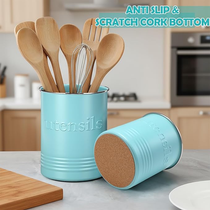 FoldTier 2 Pack Kitchen Utensil Holder for Counter 6.7"+4.7" Farmhouse Cooking Utensil Crock with Cork Bottom Modern Farmhouse Decors Countertop Storage Organizer Caddy Housewarming Gift(Turquoise)