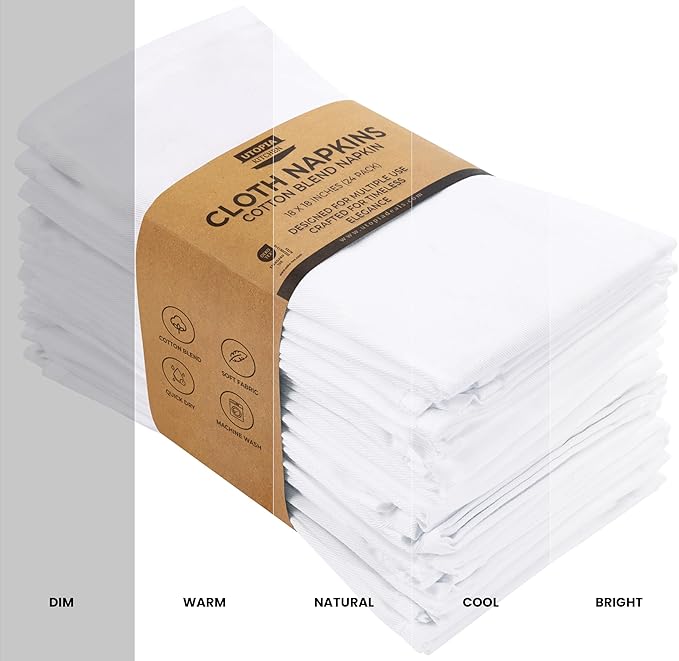 Utopia Kitchen White Cloth Napkins [24 Pack, 18x18 Inch] Absorbent Cotton Blend Washable and Reusable for Dinner, Restaurant, Lunch, Wedding and Hotel