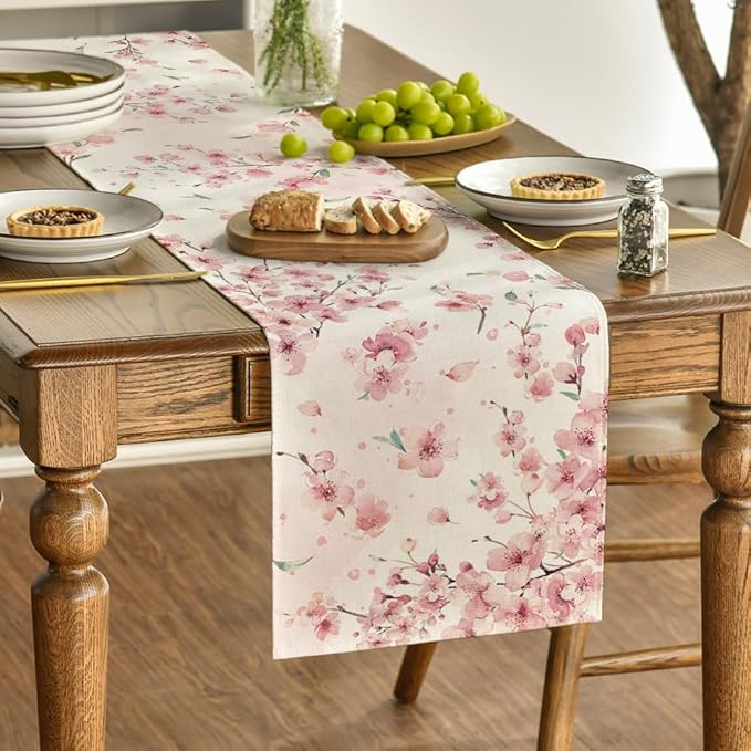 Artoid Mode Floral Cherry Blossoms Branches Summer Table Runner, Seasonal Spring Kitchen Dining Table Decoration for Home Party Decor 13x48 Inch