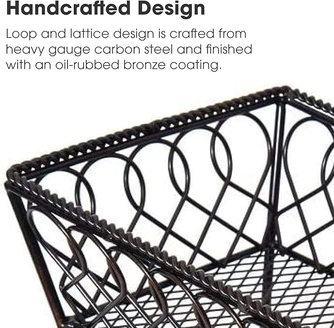 Gourmet Basics by Mikasa Loop and Lattice 2-Tier Rectangular Metal Countertop Basket, 14.25 x 12 Inches, Antique Black Finish, Kitchen Fruit and Bread Storage Organizer