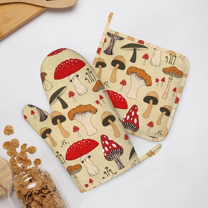Vintage Mushroom Art Oven Mitts and Pot Holders Set of 2 Silicone Heat Resistant Oven Mitten Potholders Non Slip Gloves Kitchen Decor for BBQ Cooking Grilling Baking