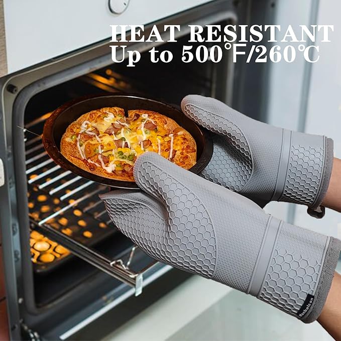 Silicone Oven Mitts Heat Resistant to 500ºF - [Ultra Heat Resistant] [Thickened Liner] [Waterproof Silicone] Kitchen Oven Gloves Mittens for Cooking, 1 Pair (Grey)