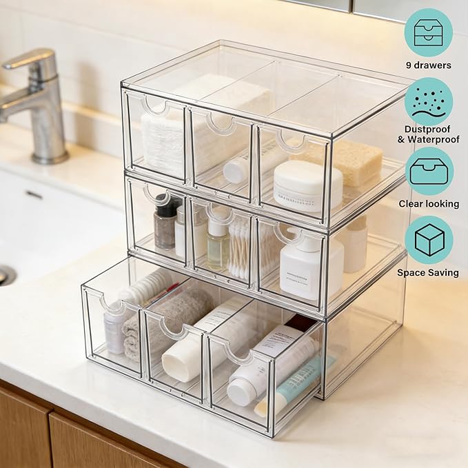 Prsildan Acrylic Makeup Organizer, 3 Pack Stackable Storage Drawers with 9 Drawers for Office Desk Vanity Craft Room Clear Drawer Organizers for Hair Accessories Art Supplies Cosmetics Modular System