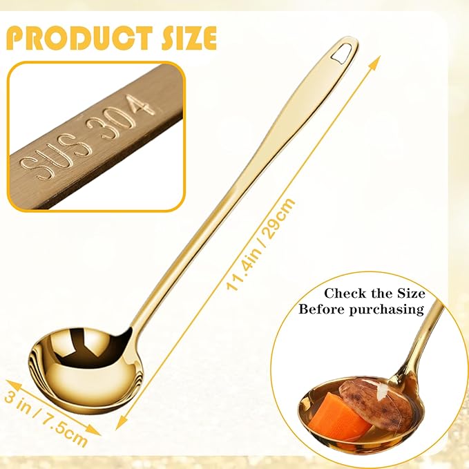 Soup Ladle Soup Spoons 304 Stainless Steel Gold Ladle, 12.2Inch Long Handle Large Serving Spoon for Cooking Buffet, Party, Kitchen, Gold