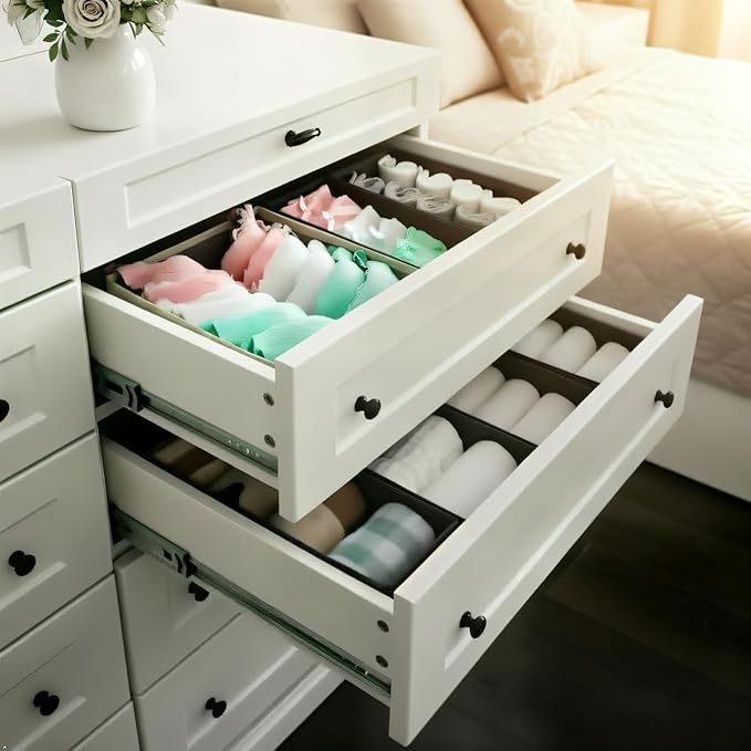 Bructhun Sock Drawer Organizer 3 Pack - Collapsible Fabric Storage Bins for Underwear Divider, Small Closet Organizers with 3 Compartments, Raw White