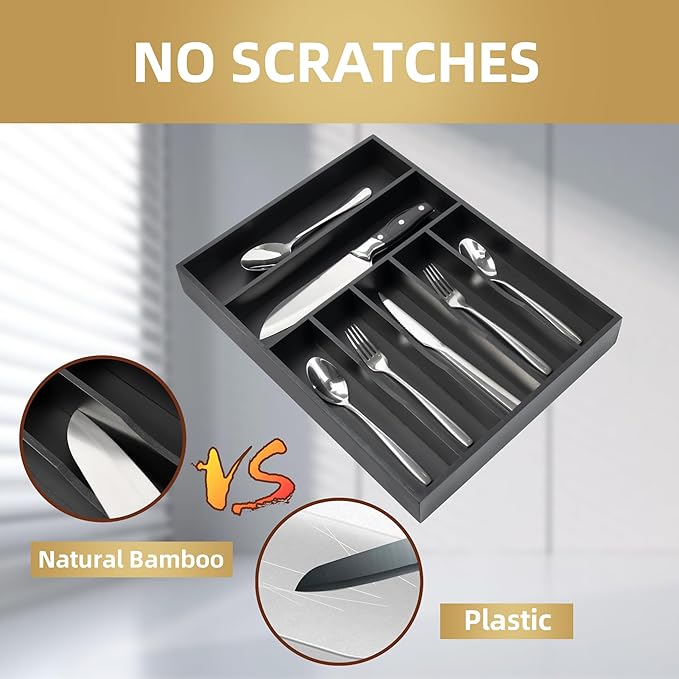 Besilord Silverware Organizer Kitchen Drawer Organizer Utensil Organizer Bamboo Silverware Holder Cutlery Organizer in Drawer Flatware Organizer Tray(7 slots, Black