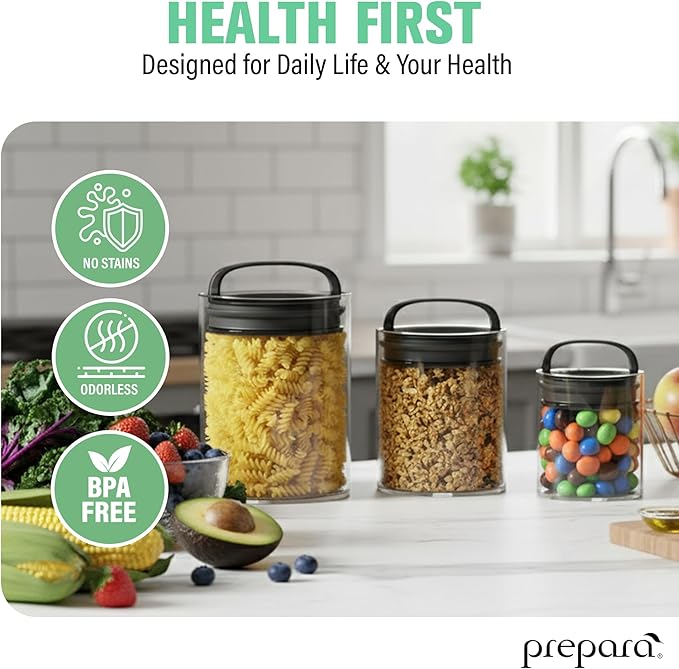 Prepara Evak Fresh Saver Short Vacuum Seal Canisters, Assorted Sizes - Grip Handle Lid, BPA Free Twin-Valve Airtight Jar for Coffee, Tea, Snacks - Pantry Organizer & Compact Kitchen Storage (3-Pack)