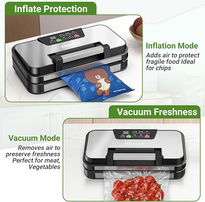 95kPa Vacuum Sealer Machine, Powerful Double Pump 10-in-1 Food Sealing System with Double Heat Seal, Built-in Cutter & Bag Storage, Easy-Lock Handle, Hose, 2 Bag Rolls, Durable Stainless Steel Design