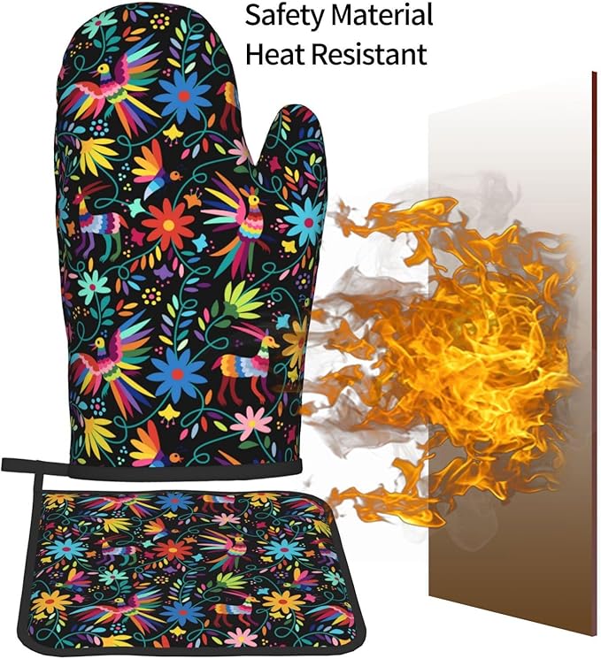 Mexican Folk Art Inspired Oven Mitts & Pot Holders Sets of 3, Polyester Heat Resistant Multicolor Kitchen Gloves and Hot Pads for Cooking Baking Grilling, Gift for Ethnic & Art Enthusiasts, Home Decor