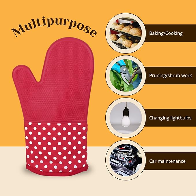 Amruta Pair of Silicone Shell Oven Mitts, 2 Pieces Heavy Duty Baking Kitchen Mitts for BBQ Microwave Stove, Heat-Resistant up to 500F, Oven Glove with Silicone Textured Grip (13 x 7.5 in, Red)