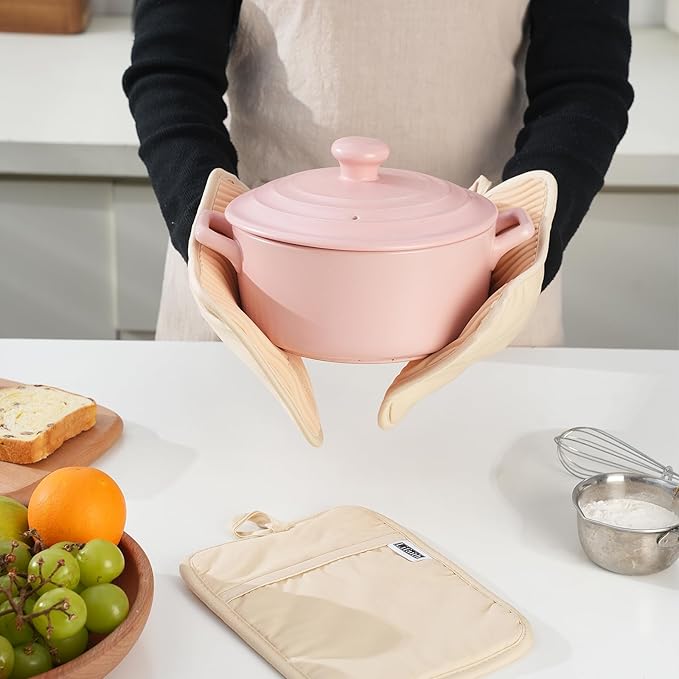 Silicone Pot Holders for Kitchen, Set of 3, Heat Resistant to 500°F, Non-Slip Wave Texture with Pocket & Hanging Loop, 7" x 9" Hot Pads for Cooking, Baking & Counter Protection (Milkshake Tan)
