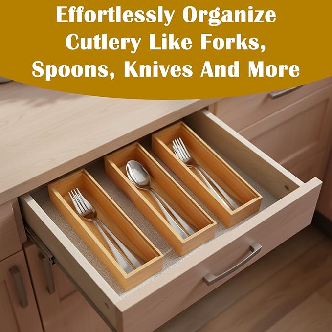 6 Pieces Bamboo Drawer Organizer, Stackable Wooden Storage Boxes for Kitchen Utensils, Silverware Tray, Junk Drawer, Dresser, Bathroom, 9 x 3 x 2 Inch