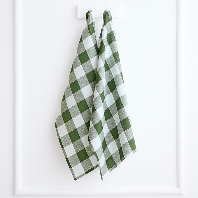 Solino Home Linen Kitchen Towels Set of 2 - Olive and White 16.5 x 26.5 Inch - 100% Pure Linen Buffalo Check Kitchen/Tea Towels - Machine Washable and Handcrafted from European Flax