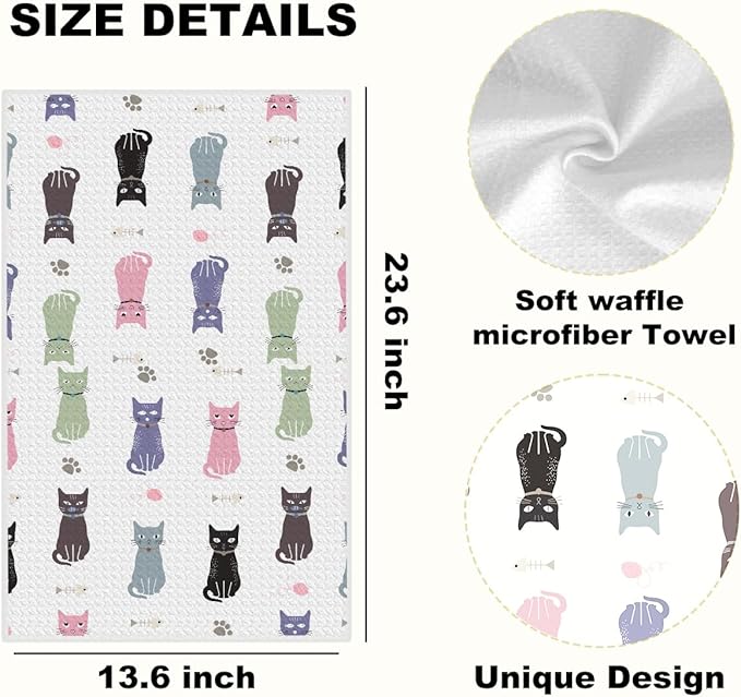 3Pcs Funny Cat Kitchen Towels, Dog Waffle Weave Dish Towels for Kitchen Bathroom Farmhouse Decor, Absorbent Microfiber Tea Cloth Hand Towel, Cat Gifts for Women Mom Friend Cat Lovers, 24x14 Inch