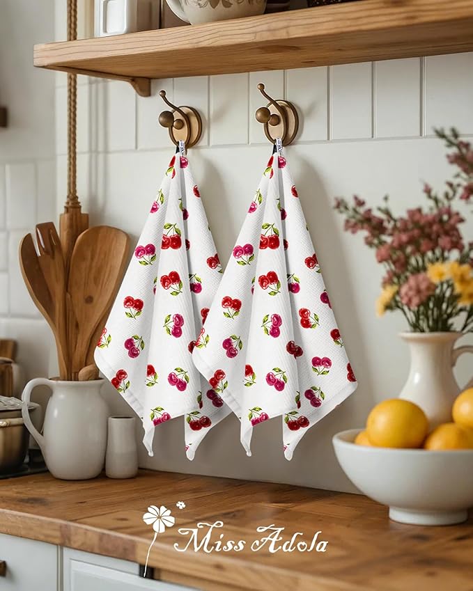 Miss Adola 2pcs Waffle Kitchen Towels - 16x26 Inch Cotton Waffle Weave Dish Cloths Set of 2 with Hanging Loop Absorbent Hand Tea Towels Cute Design for Housewarming Gift, Cherry