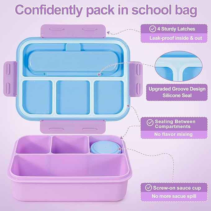 Caperci Bento Box for Kids - 50oz Larger Lunch Box Containers for Kids, Reinforced Leakproof, Built-in Sauce Cup, Utensils, 4 Compartments, BPA-Free Microwave & Dishwasher Safe (Lavender Pop)