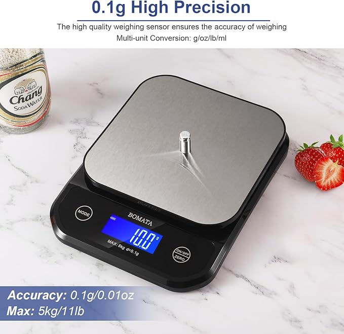 BOMATA Waterproof Kitchen Scale, 0.1g/0.01oz High Precision, 5kg/11lb, Washable, USB Rechargeable, Digital Scale for Food,Cooking, Baking, Weight Loss, Grey