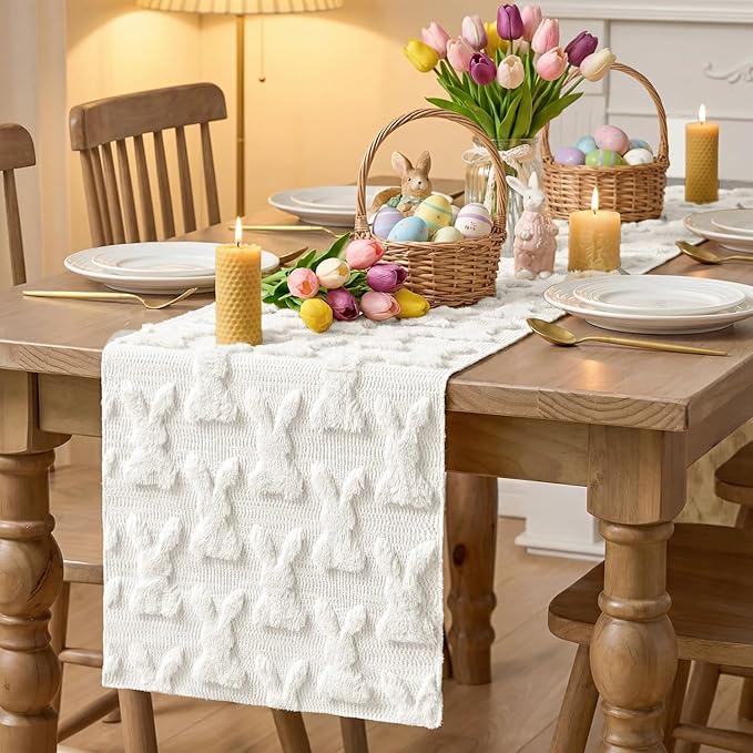 Artoid Mode White Soft Plush Faux Fur Jacquard Bunny Rabbit Easter Table Runner, Seasonal Kitchen Dining Table Decoration for Home Party Decor 13x36 Inch