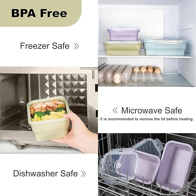 Silicone Food Storage Containers with Lids, 4 Pack Set 27oz/800ml Collapsible Meal Prep Lunch Containers with Airtight Lid & Ven for Kitchen, Camping, Microwave, Freezer and Dishwasher Safe