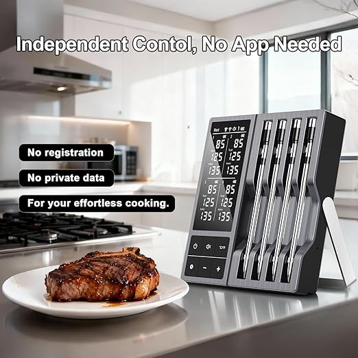 Smart Wireless Meat Thermometer with 4 Probes & 800ft Range, Bluetooth Grill Food Thermometer, Digital Backlit Screen, 0.5S Instant Read, NIST ±0.5℉ Accuracy for Kitchen BBQ, Oven, Smoker, Air Fryer